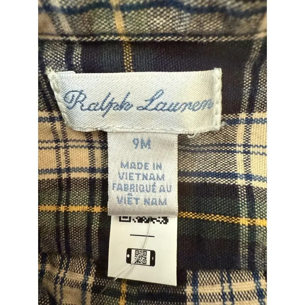 Ralph Lauren Baby Blue & Green  Cotton Plaid Brushed Oxford Shirt Size 9M